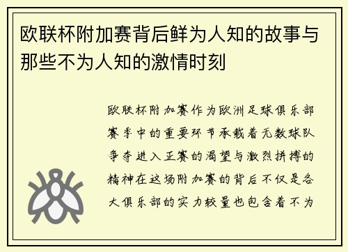 欧联杯附加赛背后鲜为人知的故事与那些不为人知的激情时刻